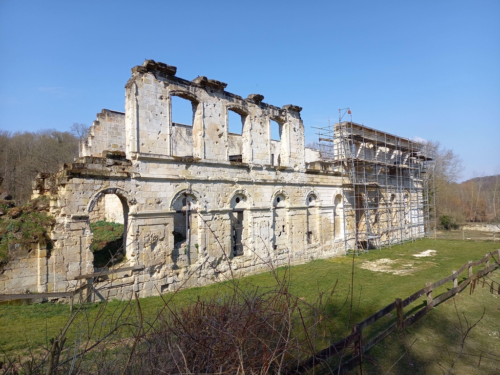Ruines d’un ancien bâtiment en pierre, probablement une abbaye ou un monastère, avec des arches et des fenêtres ouvertes, partiellement restauré avec un échafaudage sur le côté droit, entouré d’herbe, d’une clôture en bois et d’arbres sous un ciel bleu clair.