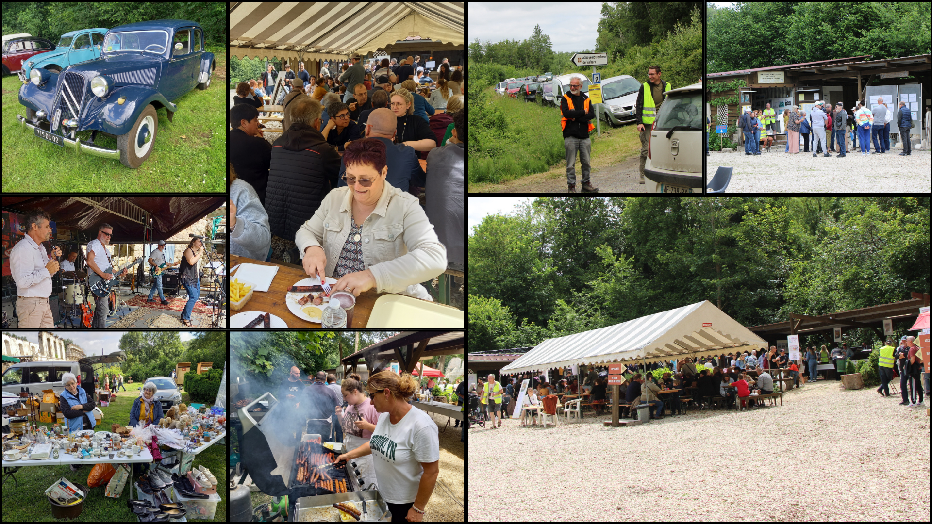 Collage photos de la Brocante du 7 juin 2026 à l'Abbaye Notre-Dame de Valsery : véhicules anciens, concert, stands de brocante, grillades, restauration et affluence des visiteurs.