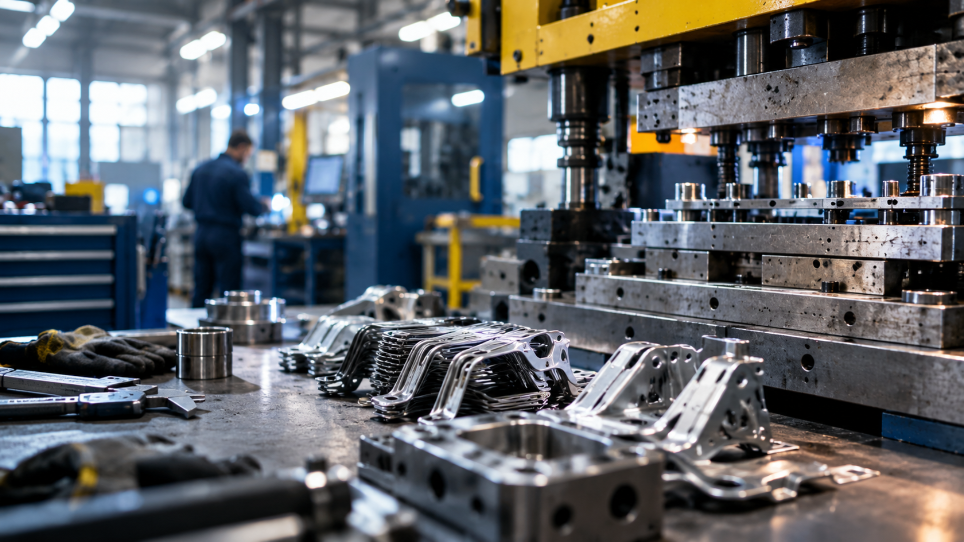Vue rapprochée d'une presse industrielle dans un atelier de fabrication métallique, avec des pièces en acier usinées disposées sur un établi et un opérateur en arrière-plan.